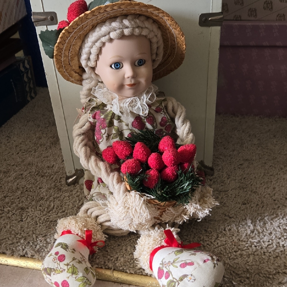 Vintage Strawberry Mop Doll: Porcelain Head, Straw Hat, 1980s